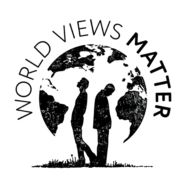 black silhouette of a globe with two figures facing opposite ways
