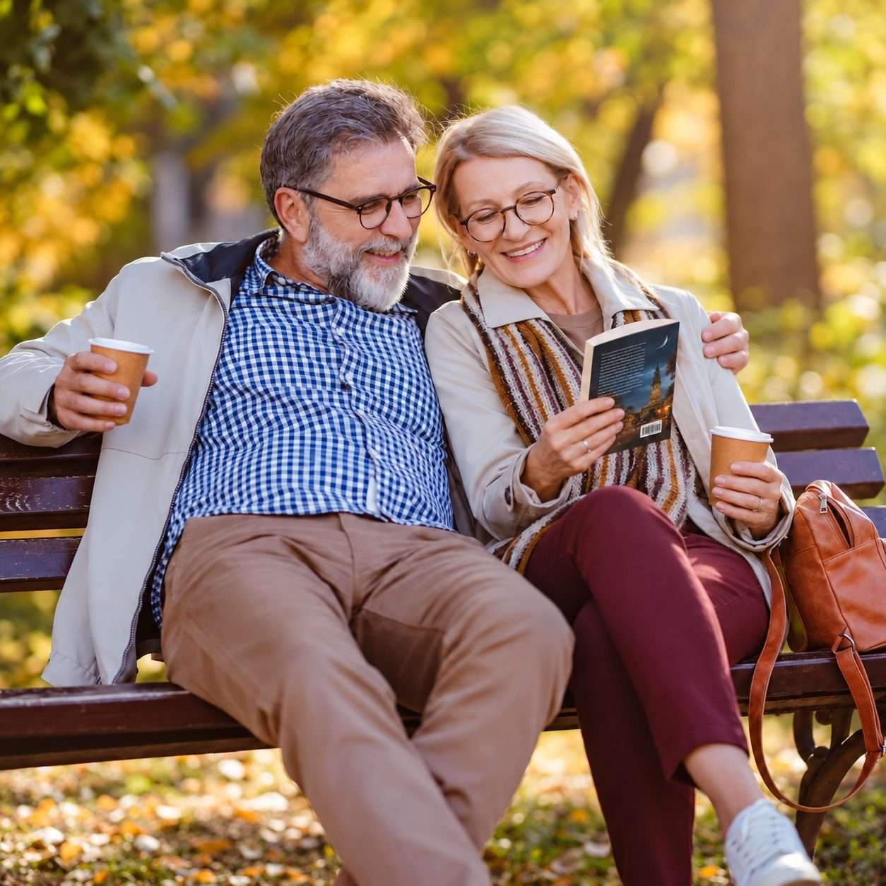 Smiling couple reading a paperback book together on a park bench in autumn